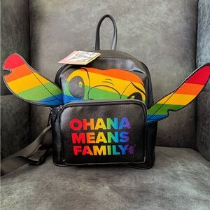 NWT Disney Lilo & Stitch Ohana Means Family Black & Leather Rainbow Backpack
